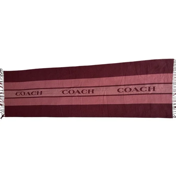 NWT Coach Wool Varsity Stripe Oversized Muffler Scarf F76388 Wine Pink Fringe - Picture 4 of 10
